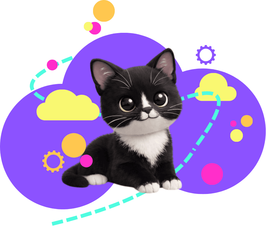 3D illustration of a cat with abstract background elements